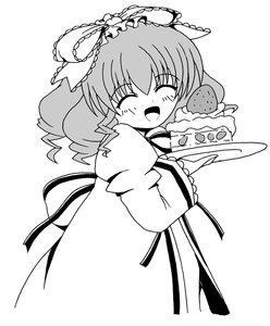 Rating: Safe Score: 0 Tags: 1girl blush cake closed_eyes dress drill_hair food greyscale hinaichigo image long_hair long_sleeves monochrome open_mouth plate ribbon smile solo strawberry wide_sleeves wings User: admin