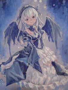 Rating: Safe Score: 0 Tags: 1girl acrylic_paint_(medium) ama-tou angel angel_wings black_wings blue_dress brown_eyes closed_mouth commentary_request dress feathered_wings frilled_dress frills gown hair_ornament hairband image lolita_fashion long_hair long_sleeves looking_at_viewer painting_(medium) rozen_maiden silver_hair sitting smile solo suigintou traditional_media v_arms white_wings wide_sleeves wings User: admin
