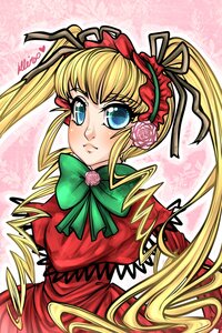 Rating: Safe Score: 0 Tags: 1girl blonde_hair blue_eyes bonnet bow bowtie dress flower green_bow green_neckwear hair_ribbon image long_hair looking_at_viewer pink_background pink_rose red_dress ribbon rose shinku sidelocks solo twintails User: admin