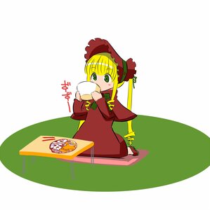 Rating: Safe Score: 0 Tags: 1girl blonde_hair bonnet bowl chopsticks cup dress eating food green_eyes image long_sleeves looking_at_viewer red_dress shinku sitting solo User: admin