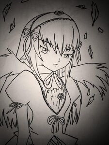 Rating: Safe Score: 0 Tags: 1girl closed_mouth dress feathered_wings flower greyscale hairband image long_sleeves looking_at_viewer monochrome ribbon solo suigintou traditional_media upper_body wings User: admin