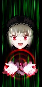 Rating: Safe Score: 0 Tags: 1girl :d bangs black_background dress eyebrows_visible_through_hair hairband image long_hair looking_at_viewer open_mouth red_eyes silver_hair smile solo suigintou User: admin