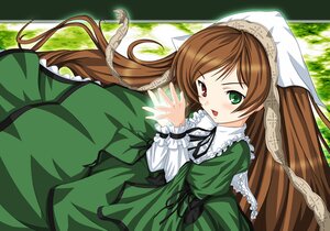 Rating: Safe Score: 0 Tags: 1girl :d arm_garter artist_request blush brown_hair dress frills green_background green_dress green_eyes head_scarf heterochromia image long_hair long_sleeves looking_at_viewer open_mouth parted_lips red_eyes ribbon rozen_maiden simple_background smile solo suiseiseki very_long_hair User: admin