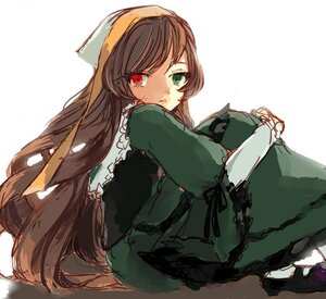 Rating: Safe Score: 0 Tags: 1girl brown_hair dress green_dress green_eyes head_scarf heterochromia image long_hair long_sleeves looking_at_viewer looking_back red_eyes simple_background sketch solo suiseiseki very_long_hair white_background User: admin