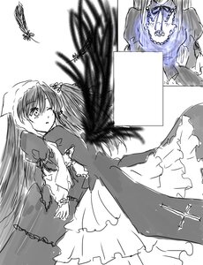 Rating: Safe Score: 0 Tags: 2girls bug butterfly dress frills greyscale image insect long_hair long_sleeves monochrome multiple_girls pair suigintou suiseiseki wings User: admin