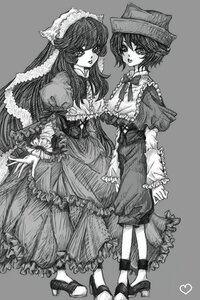 Rating: Safe Score: 0 Tags: 2girls bonnet bow capelet dress frills greyscale hat image long_hair monochrome multiple_girls pair short_hair siblings sisters souseiseki suiseiseki User: admin