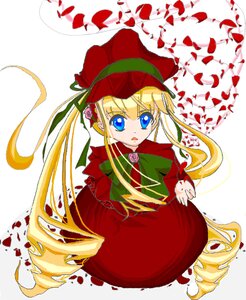 Rating: Safe Score: 0 Tags: 1girl blonde_hair blue_eyes bonnet bow bowtie dress flower full_body green_bow image long_hair long_sleeves looking_at_viewer open_mouth petals red_dress rose shinku simple_background solo twintails very_long_hair white_background User: admin