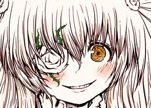 Rating: Safe Score: 0 Tags: 1girl blush close-up eyebrows_visible_through_hair face flower grin hair_ornament image kirakishou looking_at_viewer portrait simple_background smile solo white_background yellow_eyes User: admin