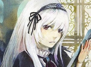 Rating: Safe Score: 0 Tags: 1girl bangs black_ribbon brooch closed_mouth dress flower frills hairband image long_hair long_sleeves looking_at_viewer pink_eyes ribbon rose silver_hair smile solo suigintou traditional_media User: admin