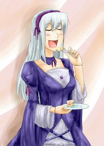 Rating: Safe Score: 0 Tags: 1girl blush choker closed_eyes collarbone dress food frills hairband image juliet_sleeves long_hair long_sleeves open_mouth puffy_sleeves silver_hair smile solo suigintou User: admin