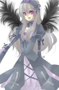 Rating: Safe Score: 0 Tags: 1girl black_wings dress flower frills hairband image juliet_sleeves long_hair long_sleeves looking_at_viewer pink_eyes puffy_sleeves ribbon silver_hair simple_background solo suigintou white_background wings User: admin