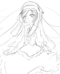 Rating: Safe Score: 0 Tags: 1girl braid dress frills greyscale image long_hair long_sleeves looking_at_viewer monochrome ribbon sketch solo suiseiseki twin_braids very_long_hair white_background User: admin