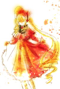 Rating: Safe Score: 0 Tags: 1girl blonde_hair bonnet bow closed_eyes dress flower image long_hair red_dress rose shinku smile solo very_long_hair User: admin