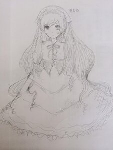 Rating: Safe Score: 0 Tags: 1girl dress frills greyscale image long_hair long_sleeves looking_at_viewer monochrome ribbon sketch solo suiseiseki traditional_media very_long_hair User: admin