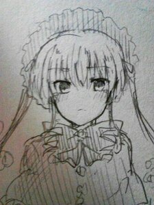 Rating: Safe Score: 0 Tags: 1girl bonnet bowtie dress expressionless frills frown hat image long_hair long_sleeves looking_at_viewer monochrome photo shinku solo traditional_media twintails upper_body User: admin