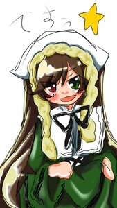 Rating: Safe Score: 0 Tags: 1girl :d bangs blush brown_hair dress eyebrows_visible_through_hair green_dress green_eyes heterochromia image long_hair long_sleeves looking_at_viewer open_mouth red_eyes simple_background smile solo star_(symbol) suiseiseki very_long_hair white_background User: admin