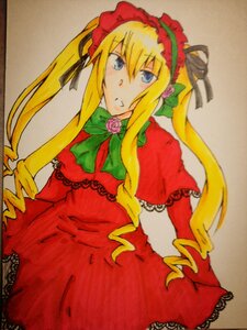 Rating: Safe Score: 0 Tags: 1girl blonde_hair blue_eyes bonnet bow bowtie capelet dress flower green_bow image long_hair long_sleeves looking_at_viewer marker_(medium) photo red_capelet red_dress rose shikishi shinku simple_background solo traditional_media twintails User: admin