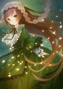 Rating: Safe Score: 0 Tags: 1girl brown_hair commentary_request doll dress frills green_dress green_eyes hat heterochromia image lolita_fashion long_hair long_sleeves looking_at_viewer petals red_eyes ribbon rose_petals rozen_maiden smile solo suiseiseki tamaki_iori very_long_hair User: admin