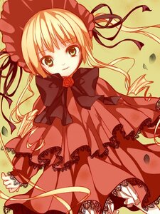Rating: Safe Score: 0 Tags: 1girl blonde_hair bonnet bow capelet dress flower frills image long_hair long_sleeves looking_at_viewer petals red_dress rose shinku solo twintails yellow_background User: admin
