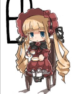 Rating: Safe Score: 0 Tags: 1girl blonde_hair blue_eyes bonnet bow chibi cup dress drill_hair frills holding_cup image long_hair long_sleeves saucer shinku sitting solo table tea teacup User: admin