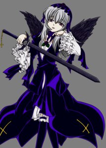 Rating: Safe Score: 0 Tags: 1girl black_wings dress flower frilled_sleeves frills hairband image long_hair long_sleeves ribbon rose silver_hair solo suigintou sword weapon wings User: admin