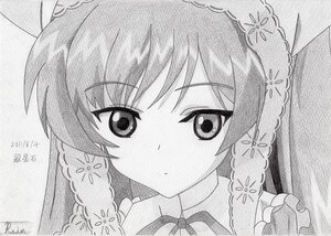 Rating: Safe Score: 0 Tags: 1girl blush braid eyebrows_visible_through_hair greyscale hair_ornament image looking_at_viewer monochrome solo suiseiseki traditional_media twin_braids User: admin