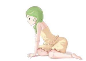 Rating: Safe Score: 0 Tags: 1girl bare_shoulders barefoot dress full_body green_hair image kanaria profile simple_background sitting sleeveless solo striped white_background User: admin