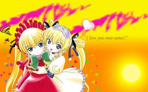 Rating: Safe Score: 0 Tags: 2girls blonde_hair blue_eyes blush bow dress drill_hair heart image long_hair long_sleeves looking_at_viewer multiple_girls red_dress shinku solo twintails yellow_background User: admin