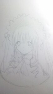 Rating: Safe Score: 0 Tags: 1girl auto_tagged bow dress frills image long_hair looking_at_viewer monochrome shinku simple_background sketch solo traditional_media white_background User: admin
