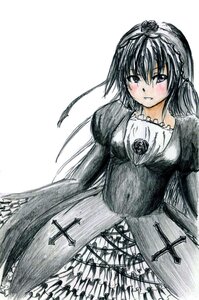 Rating: Safe Score: 0 Tags: 1girl black_dress blush dress frills hat image long_hair long_sleeves looking_at_viewer puffy_sleeves simple_background smile solo suigintou traditional_media white_background User: admin