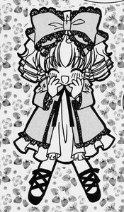 Rating: Safe Score: 0 Tags: 1girl blush bow closed_eyes dress drill_hair greyscale hair_bow hina_ichigo hinaichigo image long_sleeves monochrome open_mouth smile solo traditional_media User: admin