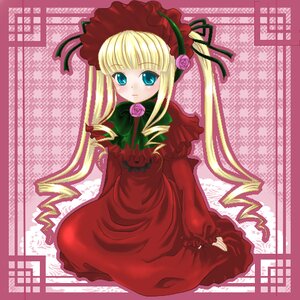 Rating: Safe Score: 0 Tags: 1girl blonde_hair blue_eyes blush bonnet bow bowtie dress drill_hair flower image long_hair long_sleeves looking_at_viewer pink_rose rose shinku sitting solo twin_drills twintails User: admin