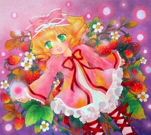 Rating: Safe Score: 0 Tags: 1girl apple blonde_hair bow cherry dress flower food frills fruit full_moon grapes green_eyes hair_bow hina_ichigo hinaichigo holding_fruit image long_sleeves moon object_namesake open_mouth pantyhose pink_bow ribbon short_hair smile solo strawberry traditional_media watercolor_(medium) User: admin