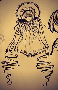 Rating: Safe Score: 0 Tags: 1girl bonnet dress flower frills full_body image long_hair long_sleeves looking_at_viewer monochrome shinku solo standing traditional_media twintails very_long_hair User: admin