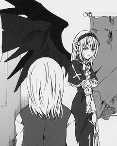 Rating: Safe Score: 0 Tags: 1girl dress greyscale hairband holding_hands image joints long_sleeves looking_at_viewer monochrome puffy_sleeves solo standing suigintou wings User: admin