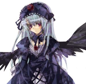 Rating: Safe Score: 0 Tags: 1girl black_wings blush dress frills image long_hair long_sleeves looking_at_viewer pink_eyes silver_hair simple_background solo suigintou white_background wings User: admin