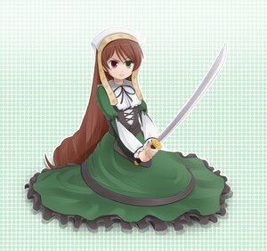 Rating: Safe Score: 0 Tags: 1girl brown_hair dress frills green_dress green_eyes halftone halftone_background heterochromia image long_hair long_sleeves looking_at_viewer polka_dot polka_dot_background polka_dot_dress red_eyes serious solo suiseiseki very_long_hair User: admin