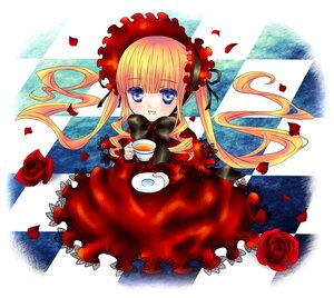 Rating: Safe Score: 0 Tags: 1girl :d argyle_background blonde_hair blue_eyes bow checkered checkered_background checkered_floor cup dress flower holding holding_cup image long_hair open_mouth petals pink_rose red_dress red_flower red_rose rose rose_petals saucer shinku sitting smile solo tea teacup tile_floor User: admin