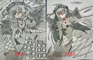 Rating: Safe Score: 0 Tags: 1girl black_ribbon black_wings dress feathers flower frills hairband image long_hair long_sleeves looking_at_viewer multiple_views red_eyes ribbon rose silver_hair simple_background solo suigintou traditional_media white_background wings User: admin