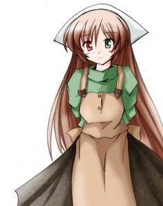 Rating: Safe Score: 0 Tags: 1girl apron arms_behind_back brown_hair cowboy_shot dress eyebrows_visible_through_hair green_dress green_eyes head_scarf heterochromia image long_hair long_sleeves looking_at_viewer red_eyes simple_background smile solo standing suiseiseki very_long_hair white_background User: admin