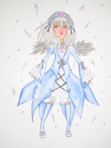 Rating: Safe Score: 0 Tags: 1girl bird dress feathers flower frills hairband image long_hair long_sleeves ribbon silver_hair solo standing suigintou traditional_media wings User: admin