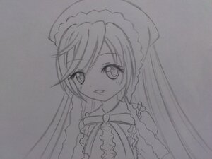 Rating: Safe Score: 0 Tags: 1girl braid eyebrows_visible_through_hair frills greyscale image long_hair looking_at_viewer maid_headdress monochrome smile solo suiseiseki traditional_media User: admin