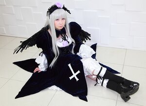 Rating: Safe Score: 0 Tags: 1girl bangs black_legwear boots dress frills gothic_lolita hairband lolita_fashion long_hair long_sleeves looking_at_viewer pink_eyes sitting solo suigintou tile_floor tiles wings User: admin