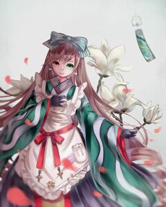 Rating: Safe Score: 0 Tags: 1girl apron bangs blurry blurry_foreground bow brown_hair closed_mouth depth_of_field earrings flower frilled_apron frills gloves green_eyes hair_bow heterochromia image japanese_clothes jewelry kimono long_hair long_sleeves looking_at_viewer petals red_eyes smile solo striped striped_bow suiseiseki very_long_hair virtual_youtuber white_apron wide_sleeves User: admin