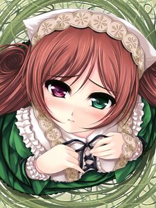 Rating: Safe Score: 0 Tags: 1girl auto_tagged blush bonnet breast_suppress brown_hair dress frills from_above frown green_dress hairband heterochromia image long_hair long_sleeves ribbon rozen_maiden solo suiseiseki uni8 User: admin