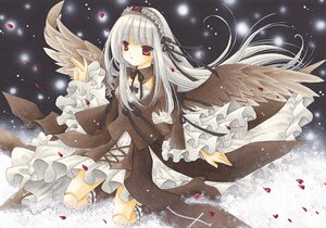 Rating: Safe Score: 0 Tags: 1girl black_wings dress flower frilled_sleeves frills hairband image joints long_hair long_sleeves looking_at_viewer petals red_eyes ribbon rose rose_petals silver_hair solo suigintou traditional_media wings User: admin