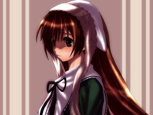 Rating: Safe Score: 0 Tags: 1girl blush brown_hair dress green_dress image long_hair long_sleeves simple_background solo striped striped_background suiseiseki upper_body vertical_stripes User: admin