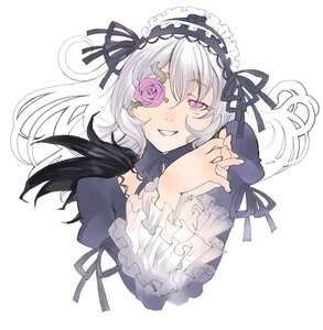 Rating: Safe Score: 0 Tags: 1girl black_ribbon commentary_request costume_switch dress eyepatch flower frills gothic_lolita grin hairband highres image lolita_fashion long_hair long_sleeves looking_at_viewer moruga own_hands_clasped own_hands_together pink_eyes purple_eyes ribbon rose rozen_maiden silver_hair smile solo striped suigintou upper_body white_background wings User: admin