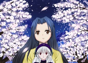 Rating: Safe Score: 0 Tags: 2girls blue_hair brown_eyes cherry_blossoms dress flower hairband image kakizaki_megu long_hair looking_at_viewer looking_up multiple_girls night open_mouth petals red_eyes sky smile solo suigintou User: admin