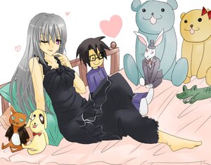 Rating: Safe Score: 0 Tags: 1girl barefoot bed dress glasses heart image long_hair one_eye_closed purple_eyes silver_hair socks solo stuffed_animal suigintou tongue tongue_out User: admin